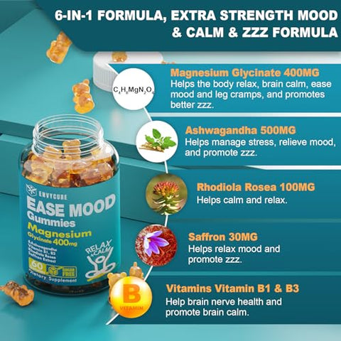 envycure - Gomas de Magnésio Glicinato sem Açúcar 400mg com Ashwagandha, B1, B3, Rhodiola Rosea