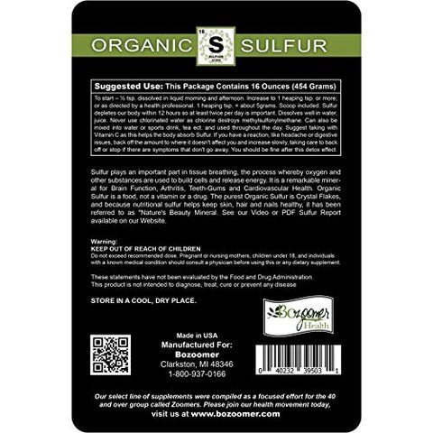 Bozoomer - Cristais de Enxofre Orgânico – 99% Puros – Fabricados nos EUA – Embalagem de 454g Grau Alimentício – Fórmula Revolucionária Ajuda as Articulações