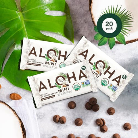 Barra de Proteína Vegetal Orgânica MINIS | Coco Chocolate Amêndoa | 20 Unidades, 24g cada | Vegano, Baixo teor de açúcar, Sem glúten, Paleo, Baixo carboidrato, Não-OGM, Sem Stevia, Sem soja | ALOHA - ALOHA