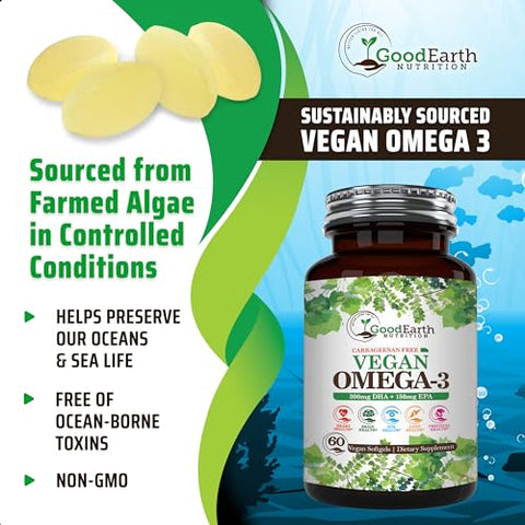 GoodEarth Nutrition - Vegan Omega 3 – DHA/EPA à base de algas vegetais sem carragenina – 60 cápsulas vegetais – Suporte para cérebro, coração e articulações