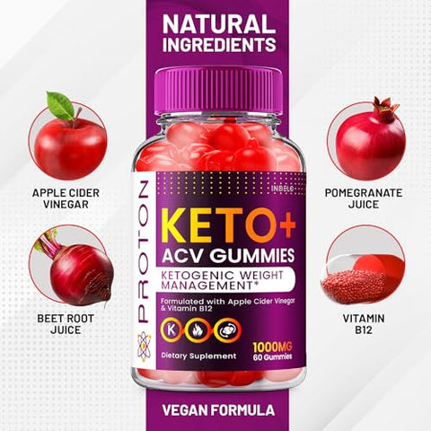 Indelo - (2 Pacotes) Gomas Avançadas Proton Keto ACV, Gomas Proton Keto ACV 1000mg, Gomas de Vinagre de Maçã com Proteína, Avaliações das Gomas Proton Gummies, Vitamina B12 Proton Keto ACV (120 Gomas)