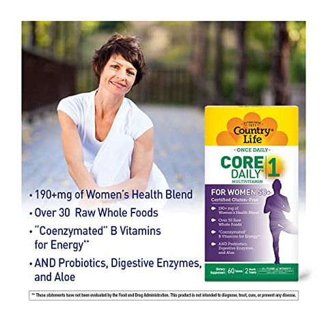 CORE Daily-1 para Mulheres 50 Multivitamínico – Fórmula para Mulheres Acima de 50, Nutrição Diária Completa com Mistura de Saúde Feminina, Vitaminas B Coenzimadas, Probióticos e - Country Life