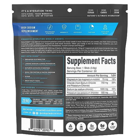 Adapted Nutrition - Keto S1000 Pacotes de Pó de Eletrólitos | Amigável para Keto e Paleo | Sem Açúcar, Sem Calorias, Sem Maltodextrina | Limpo | 30 Pacotes de Bastões de Hidratação de Sal sem Sabor | Marca Keto S1000