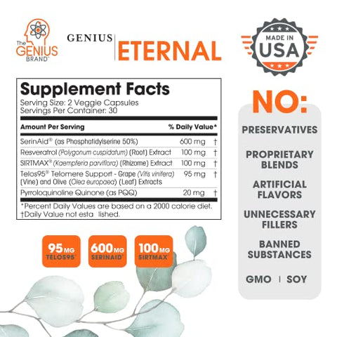 The Genius Brand - Genius Eternal – Cápsulas de Telômeros, Suplemento Anti-Envelhecimento – Ativador NRF2 NADH, Suporte de Células-Tronco para Longevidade, Energia Celular, Metabolismo – 60 Cápsulas