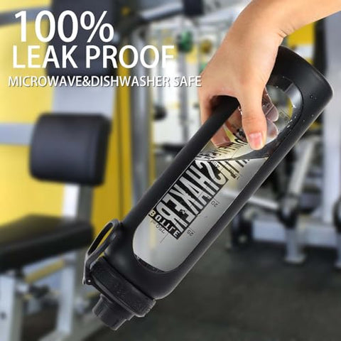 RhythmFit - Garrafa Shaker de Vidro, 1L Livre de BPA com Esfera de Aço Inoxidável 304 e Escova de Limpeza Retrátil para Misturas de Proteínas Fitness (Preto)
