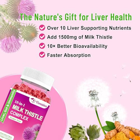 VZOXAINS - Gomas de Cardo Mariano 1500mg, Fórmula Herbal 10 em 1 para Limpeza, Desintoxicação e Reparo do Fígado com Raiz de Dente-de-leão, Cúrcuma, Alcachofra. Função Hepática Ótima e Saúde Digestiva Mista