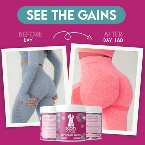 Booty Magic - Creatina para Construção de Glúteos – Revelando Ganhos de Glúteos e Crescimento Muscular para Mulheres, Micronizada para Resultados Aumentados de Bumbum – 30 Porções