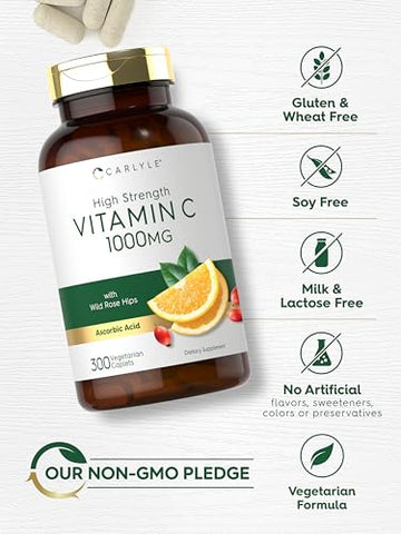 Vitamina C 1000mg | 300 Cápsulas Vegetarianas | Ácido Ascórbico com Rosa Mosqueta | Fórmula de Alta Potência | Suplemento Livre de OGM e Glúten - Carlyle