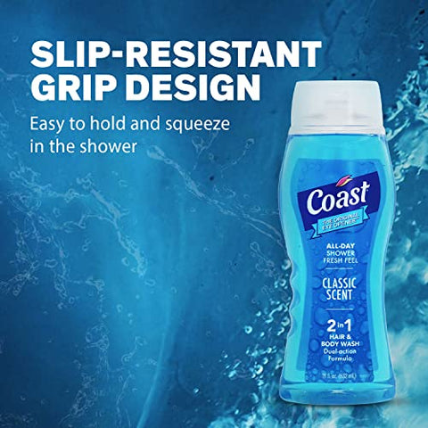2-em-1 Gel de Banho e Shampoo, Fragrância Clássica – Gel de Banho e Shampoo para Homens - Coast