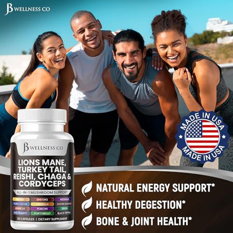 JB Wellness Co - Lions Mane 3000mg + Turkey Tail 2000mg + Reishi 1000mg + Cordyceps 1000mg + Chaga 1000mg + Marshmallow Root 180 Cápsulas | Suporte Cognitivo e Imunológico | Saúde com 20in1 Cogumelo | Marca em Destaque