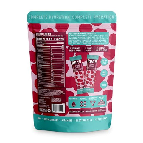 Roar Organic - ROAR Pó Completo de Hidratação Plus – Sachês de Hidratação com Zinco e Sabugueiro – Pó de Eletrólitos Sem GMOs, Sem Glúten – Sabor Limonada de Cereja – 12 un