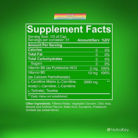 L-Carnitina 3000mg – Transforme em Combustível – Sem Açúcar e Sem Glúten – Minhocas de Goma Azeda – 31 Porções - NutraKey
