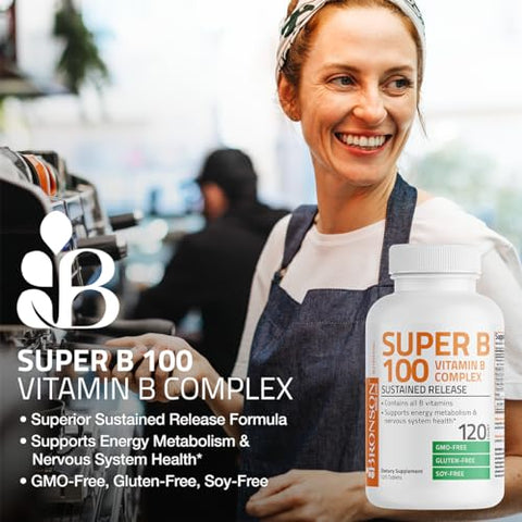 Super B 100 Complexo de Vitamina B de Liberação Sustentada Contém Todas as Vitaminas B (Vitamina B1, B2, B3, B6, B9 – Ácido Fólico, B12) Suporta o Metabolismo Energético – 100% Natural e Potente - Bronson