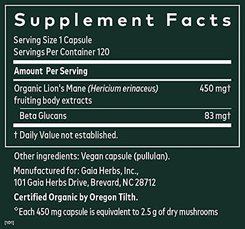 Suplemento de Suporte Cerebral e Nervoso com Cogumelo do Leão Orgânico – 120 ml Vegan Líquido - Gaia Herbs