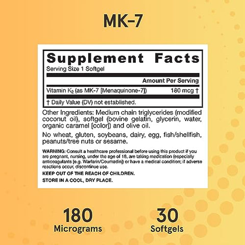 MK-7 180 mcg – Vitamina K2 para Saúde Óssea e Cardiovascular – Suplemento Alimentar – 30 Softgels – 30 Dias - Jarrow Formulas