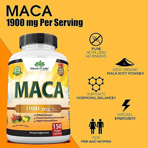 NaturaLife Labs A Higher Standard - Maca Orgânica em Cápsulas Veganas – Raiz Preta, Vermelha, Amarela 1900 MG por Porção – 150 Cápsulas Gelatinizadas de Maca Peruana 100% Pura e Não-OGM – Suporte à Saúde Reprodutiva e Energia Natural