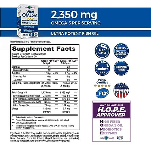Ômega 3 Ultra Potente de Peixe Selvagem com 2350mg de Ácido Graxo Ômega 3 de Alta Potência EPA e DHA para Apoiar o Cérebro e o Coração – 2350mg Ômega 3 EPA e DHA - Vital Planet