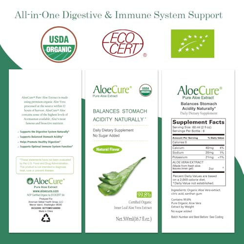 AloeCure Suco de Aloe Vera Orgânico USDA Sabor Natural – Puro Suco de Aloe Natural para Equilíbrio Estomacal, Digestão e Sistema Imunológico – Feito em até 12 horas da colheita