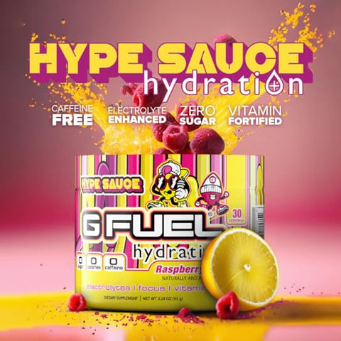 Hype Sauce em Pó com Eletrólitos, Mistura para Hidratação, Energia e Foco, Sem Açúcar, Suplemento com Minerais Essenciais, Sabor Limonada de Framboesa – 3.3g - G Fuel
