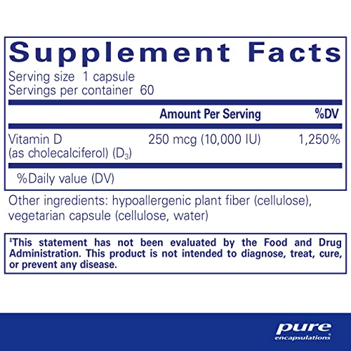 Vitamina D3 Pure Encapsulations 250 mcg (10.000 UI) – Suporte para os ossos, articulações, mama, coração e cólon