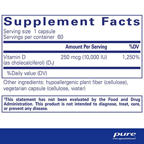 Vitamina D3 Pure Encapsulations 250 mcg (10.000 UI) – Suporte para os ossos, articulações, mama, coração e cólon