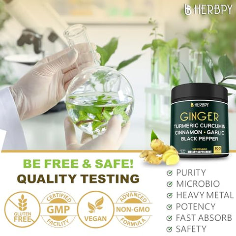 Herbpy - Suplemento de Gengibre 5 em 1 7550mg com Canela do Ceilão, Curcumina de Açafrão-da-terra e Alho Bulbo – Marca em Destaque