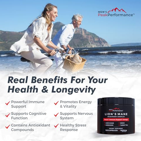 MEN'S PeakPerformance - Cápsulas de Suplemento de Cogumelo do Leão PeakPerformance para Homens com Reishi, Cordyceps, Turkey Tail – Nootrópico Cerebral para Memória, Foco, Energia Natural – 60 cápsulas