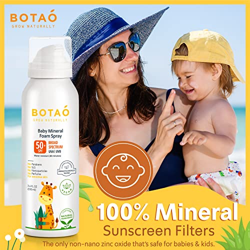 BOTAO - Protetor Solar em Espuma Spray para Bebês 100%% Mineral de Óxido de Zinco, seguro para pele sensível, bloqueador solar natural para bebês ou crianças pequenas: FPS50 Amplo Espectro UVA UVB, Proteção contra queimaduras solares, 100ml (1 unidade)