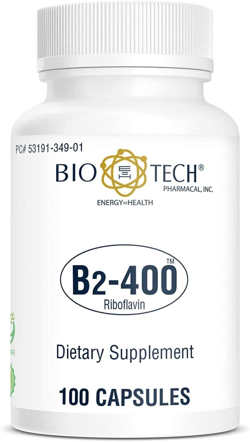 B2-400: 100 Cápsulas – Suplemento Natural – Suporte para Clareza e Produtividade – Sem Laticínios, Peixe, Glúten, Amendoim, Frutos do Mar, OGMs - Bio-Tech Pharmacal