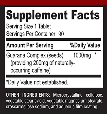 YUMMYVITE - Guarana Natural Energy 1000MG – 200MG de Cafeína Herbal (2 xícaras de café), antioxidantes, Aumenta a Energia, Comprimidos de Cafeína Natural, 90 Comprimidos