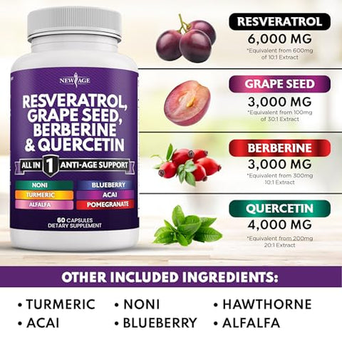 Resveratrol 6000mg Berberine 3000mg Extrato de Semente de Uva 3000mg Quercetina 4000mg – Suplemento Polifenólico para Mulheres e Homens com Extrato de Noni, N-Acetil Cisteína, Açaí – 100% Natural e Potente - NEW AGE