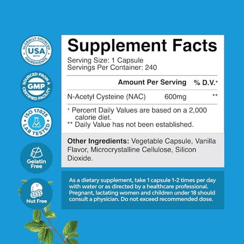 Natures Craft - N-Acetyl Cysteine 600mg – Cápsulas Veganas de Alta Absorção e Sem Odor – Precursor de Glutationa para Limpeza e Desintoxicação do Fígado – Marca NAC