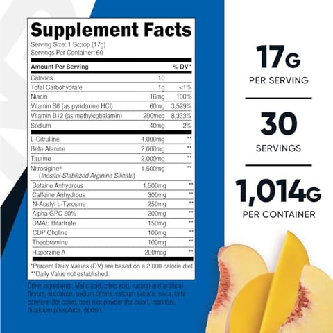 Pre-X Xtreme Pó Complexo Pré-Treino, Sabor Pêssego Manga, 60 Porções, Vegetariano, Não-OGM e Livre de Glúten - Nutricost