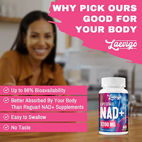 Laevigo - Suplemento Liposomal NAD 1200mg, Ultra Pureza Real, Absorção Aprimorada, Impulsionando NAD, Defesa contra o Envelhecimento, Energia, Reparo Metabólico, Suplemento NAD Ótimo, 60 Softgels