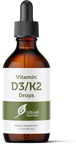 Ultra6 Nutrition - Gotas de Vitamina D e K2 – Vitamina D3 Líquida com Suplementos de K2 para Adultos e Crianças – Suplemento de Vitaminas D3/K2 para Absorção Suprema e Ossos Saudáveis – Fabricado nos EUA