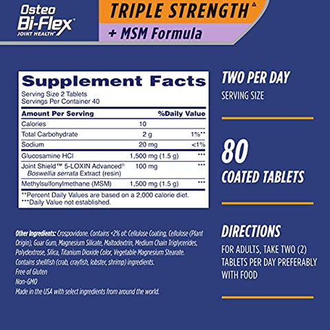 Triple Strength(5) com MSM, Suplemento para Saúde das Articulações com Glucosamina, Comprimidos Revestidos, 80 Unidades - Osteo Bi-Flex