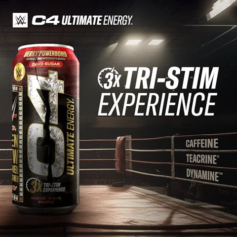 C4 Ultimate x WWE | Bebida Energética Pré-Treino Sem Açúcar | Experiência Tri-Stim com 300mg de Cafeína TeaCrine Dynamine | Berry Powerbomb | 16oz (Pacote com 12) - Cellucor