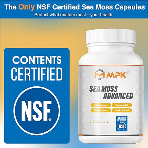 3000 mg Sea Moss Avançado – Irish Sea Moss, Ashwagandha, Bladderwrack, Óleo de Semente de Black Seed, Gengibre, Raiz de Bardana (60 cápsulas) - MPK