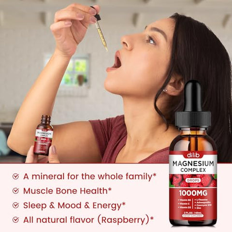 dilib - Complexo de Magnésio Triplo, Magnésio Glicinato, Treonato, Citrato – Gotas Líquidas 1000mg com Ashwagandha, CoQ10, Vitamina B6, C, D, Zinco – Sabor Framboesa Vegano