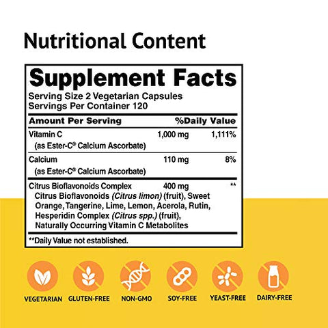 EsterC com Bioflavonoides Cápsulas Vegetarianas Suporte Imunológico 24 Horas Suave no Estômago Vitamina C Não Ácida Sem OGM Sem Glúten Vegano 500 mg 120 Porções, Citrus - American Health