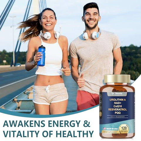 Totaria - Urolithin A 1000mg com NAD, CoQ10, Resveratrol, PQQ – 120 Softgels Vegan para Energia Muscular e Antioxidantes de Alta Bioacessibilidade