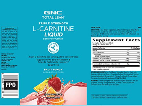Total Lean Triple Strength L-Carnitine Liquid | Suporte ao Metabolismo de Ácidos Graxos e Ajuda na Recuperação Muscular | Sem Açúcar | Sabor Frutas Vermelhas | 473 ml - GNC