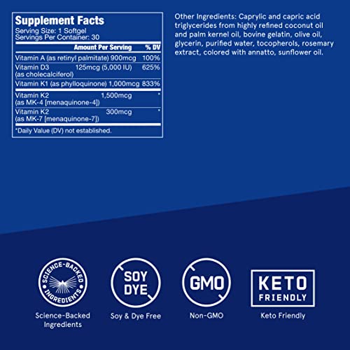 Bulletproof - Vitaminas A-D-K Softgels à Prova de Balas, 30 Unidades, Suplemento para Saúde do Coração, Ossos e Suporte Imunológico