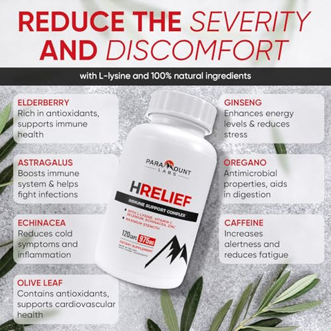 Paramount Labs - Suplemento Premium HRelief – Suporte Avançado à Saúde Imunológica para Adultos – Controle de Surto com Super Comprimidos de Lisina – Lisina, Zinco, VIT C – 120 ct