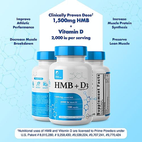 Prime Powders - Suplemento HMB e Vitamina D3, Fórmula Patenteada de 1.500mg com Dose Clínica, Preserva Massa Muscular com Performance Eterna, Cápsulas de Beta-Hidroxi Beta-Metilbutirato, 120 Unidades