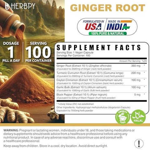 Herbpy - Suplemento de Gengibre 5 em 1 7550mg com Canela do Ceilão, Curcumina de Açafrão-da-terra e Alho Bulbo – Marca em Destaque