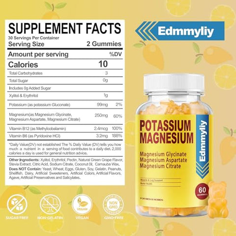 Edmmyliy - Suplemento de Gomas de Potássio e Magnésio para Adultos Alta Absorção Gluconato de Potássio 99mg Citrato de Magnésio 250mg com Vitamina B6 B12 Suporta Humor, Energia, Relaxamento Muscular