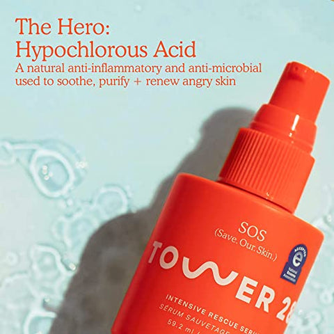 SOS Serum Intensivo de Resgate para Pele Sensível, Cuidados com a Pele com Ácido Hipocloroso, Alivia Irritação, Ajuda a Reduzir Vermelhidão Facial, 60 ml - Tower 28