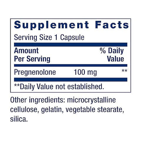 Pregnenolone – Suplemento para equilíbrio hormonal, 100 mg – Equilíbrio hormonal, memória, foco, saúde cognitiva – Sem glúten, Não-OGM, 100 cápsulas - Life Extension