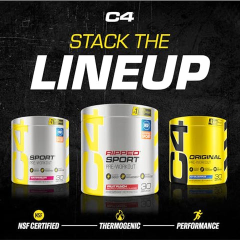 C4 Ripped Sport Pré-Treino em Pó Sabor Frutas Vermelhas – Certificado NSF para Esportes, Energético Pré-Treino Sem Açúcar para Homens - Cellucor